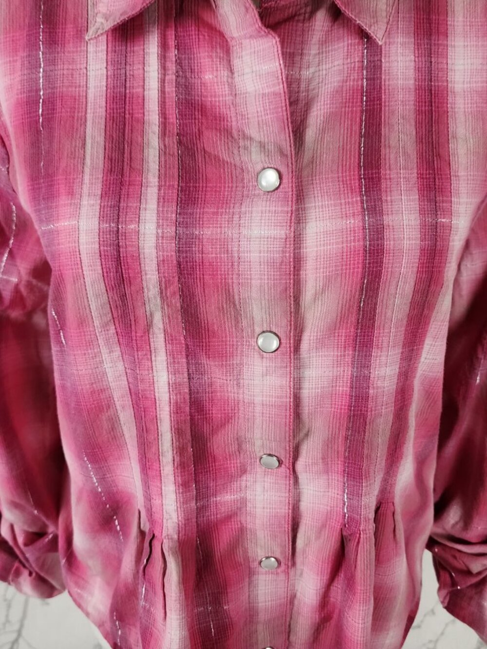 Style & Co Pink Plaid Metallic Cotton Pearl Snap Western Blouse - Picture 2 of 5